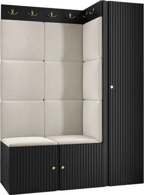Produktbild von MIRJAN24 Garderoben-Set Orion Ryfel Slim IX, Kleiderschrank, Schuhschrank, 2x Kleiderhakenbrett, 11x Paneel 42x42, 4 Kleiderhaken für Kleidung, Metallgriffe (Farbe: Schwarz, Manila 02)