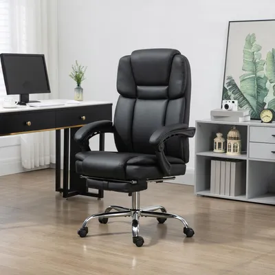 Image de Fauteuil de bureau avec fonction massage et chauffage, similicuir noir, fauteuil de direction avec vibration à 6 points et repose-pieds, chaise de bureau | 66 x 67 x 126 cm | Inclinable à 135° | 19 kg