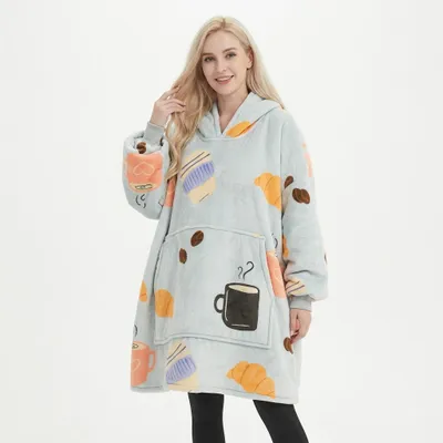 Produktbild von Kapuzenpullover Decke Kocobluza 2in1 Oversize Kaptur Dicke Sherpa Blaue Kaffee-Motiv