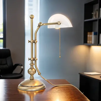 Produktbild von Bankerlampe Messing massiv Glas in Bronze Weiß mit Zugschalter Schreibtischlampe Tischleuchte
