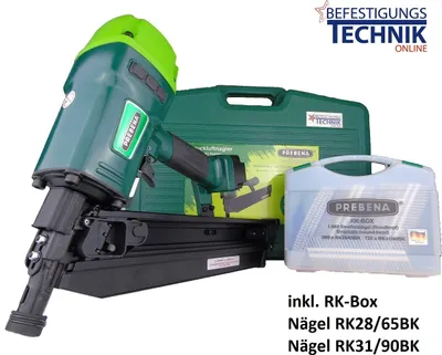 A nail gun, its case, and a box of nails are displayed together.