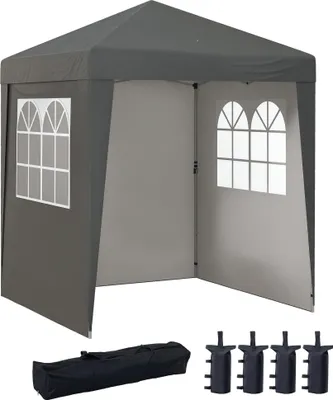 Image de Outsunny Tonnelle de jardin pliante pop-up 2 x 2 m tente de réception hauteur réglable 3 niveaux Anti-UV 30+ 3 parois latérales avec 4 sacs de sable et 1 sac de transport tissu Oxford acier gris