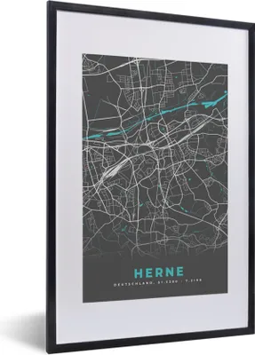 Produktbild von MuchoWow® Gerahmtes Poster Blau - Deutschland - Karte - Stadtplan - Herne 40x60 cm - Poster mit Schwarzem Bilderrahmen Wandposter Rahmen Foto Bilder - Poster in Rahmen