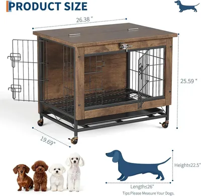 Obrázek produktu pro Psí klec ve stylu nábytku – kovová psí klec pro vnitřní použití – 66 cm – dvojité dveře – kolečka – vyjímatelná podlážka – odkládací stolek – pro malé psy