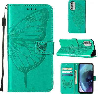 Produktbild von Moto G51 5G Hülle, Schmetterling Prägung Flip Leder Kartenfächer Schutzhülle Ledertasche mit Ständer für Motorola Moto G51 5G Grün