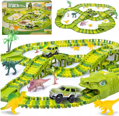 A collage of images showing a dinosaur-themed race track toy set for children, including the product packaging and a detailed view of the assembled track with toy cars and dinosaurs.