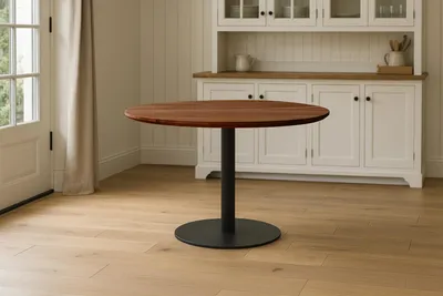 Produktbild von Bistrotisch Schweizer Kante massiv 110 cm Akazie nussbaum Säulengestell-rund schwarz BRASILIAN