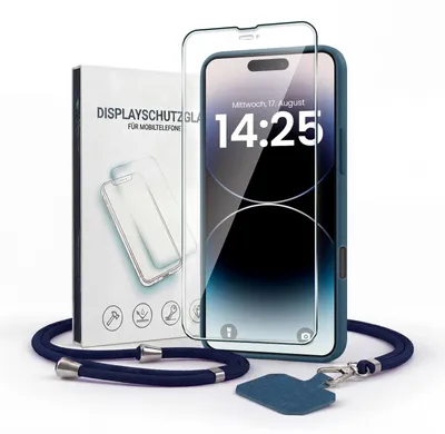 Produktbild von Handyhülle für Apple iPhone 16 Pro mit Handykette und 9H Displayglas Displayschutz Band Kordel Hülle Case Schutzhülle Blau