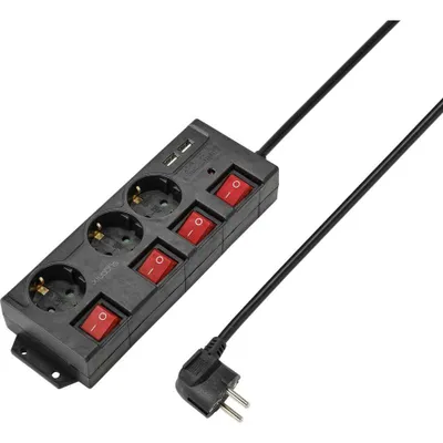 A black power strip with multiple outlets and switches, along with two USB ports, is shown against a white background. The power cord and plug are also visible.