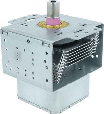 A close-up studio shot of a microwave magnetron.