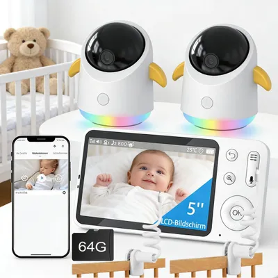 Obrázek produktu pro Dětská chůvička se 2 kamerami a APP 2K/5,0" WLAN chůvička s rozdělenou obrazovkou PTZ 360° 4x zoom IR/RGB noční vidění s 2*mount & 64G