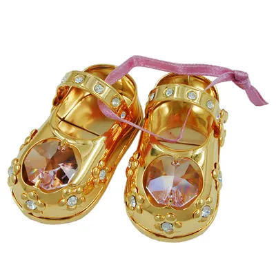 Produktbild von Tischdekoration 1 Paar Babyschuhe 52x27mm mit rosa Glas-Steinen gold 52x27mm