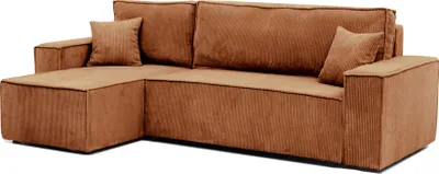 A brown corduroy sectional sofa with pillows, shown against a white background.