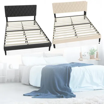 Two bed frames, one black and one beige, are shown against a blurred background of a bedroom setting.