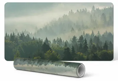 Produktbild von Rutschfeste Schreibtischunterlage mit dem Motiv „Nebelwald im Morgengrauen“, 120 x 60 cm