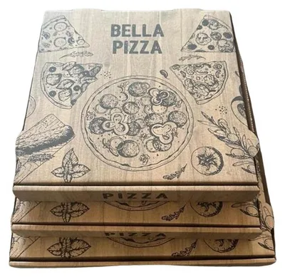 A stack of pizza boxes with a decorative print.