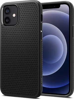 A black iPhone case is shown with the phone inside, displayed against a light gray background.