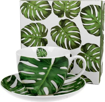 Produktbild von DUO FLORAL Jumbobecher 470 ml MONSTERA mit Untertasse, New Bone China Porzellan