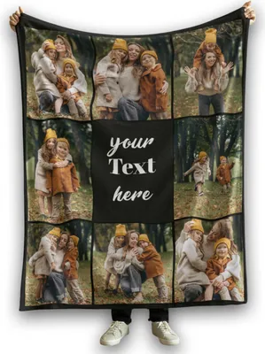 A collage of family photos on a blanket, with text in the center.