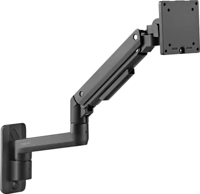 A black monitor arm mounted on a white background.