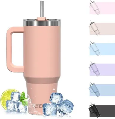 Productafbeelding van Famanu thermosbeker, dubbelwandig, met handgreep en rietje - Roze