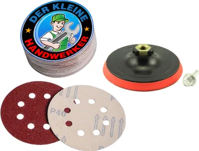 A set of sanding discs and a sanding pad are displayed against a white background.