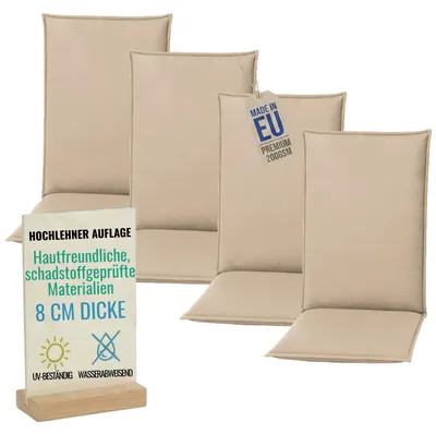 Produktbild von Pillows24 - 4x Hochlehner Auflagen 120x50x8 cm | Bequeme & Wetterfeste Gartenstuhlauflagen | Sitzkissen für  Gartenmöbel |   EU | Cappuccino