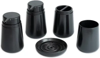 Productafbeelding van Ibenzoa® badkameraccessoireset bestaande uit 5 delen, gemaakt van matzwart kunststof: 2 zeepdispensers, 2 tandenborstelhouders en een zeepbakje, ideaal voor een moderne badkamer