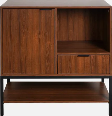 A wooden sideboard with black metal legs and shelf.