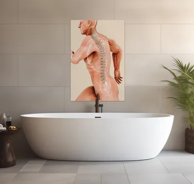 Produktbild von Wallario wasserfestes Poster selbstklebend 91,50 x 61 cm, Anatomie Wirbelsäule - Menschliches Skelett beim Laufen, Badezimmerposter Spritzschutz mit Hochglanzoberfläche in Glasoptik