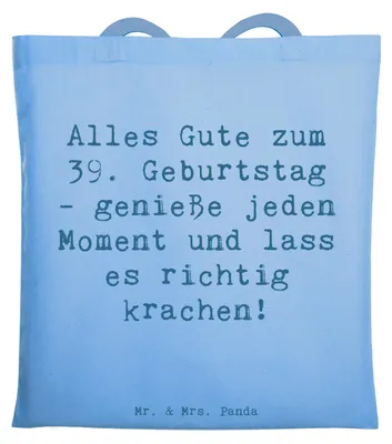 Produktbild von Mr. & Mrs. Panda Shopping Tasche Spruch 39. Geburtstag Freude - Sky Blue - Geschenk, feiern, besondere Gratulation, Jutetasche, Jubiläum, Tote Bag, Happy Birthday