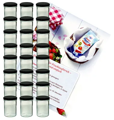 Image de lot de 24 pots à confiture de 435 ml, verre To 82, couvercle noir, livret de recettes inclus