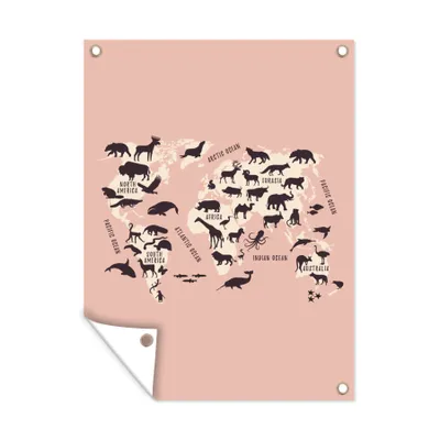 Produktbild von MuchoWow® 60x80 cm Outdoor-Poster Gartendeko Sichtschutz Garten Poster für den Garten  Weltkarte - Tiere - Rosa
