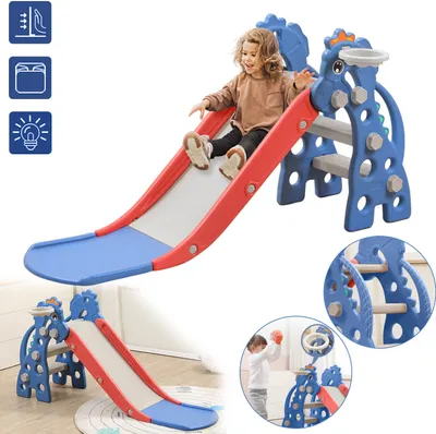 Produktbild von YARDIN Kinderrutsche 3-in-1 Rutsche Indoor Multifunktional Babyrutsche mit Basketballkorb & Faltbar Rutsche Gartenrutsche ab 1 Jahr Kinder Fun-Slide Max bis 30KG Kleinkinderrutsche, 135x55x67cm