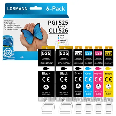 Immagine prodotto di Cartucce compatibili LOSMANN PGI-525 CLI-526 per stampanti Canon 525 526, compatibili con i modelli PIXMA MG5140, MG5350, MG5150, MG5250, IP4850, IP4950, IX6550, MX885, MX715, MG6150, MG6250, MX895, MG8150, MG8250 (confezione da 6)