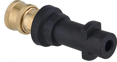 A close-up studio shot of a pressure washer gun adapter.