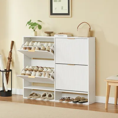 Produktbild von Schuhschrank mit Nutfront - 120x24 cm, Weiß - Höhenverstellbare Einlegeböden und Kippschutz - Dekotisch und offene Schuhlade