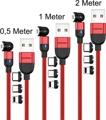 Zdjęcie produktu dla Zestaw 3 magnetycznych kabli ładujących SOONTEC (0,5 metra + 1 metr + 2 metry) z możliwością obrotu o 360° i 180° oraz 3 wtyczkami Micro USB / USB-C / Lightning 2,4 A (czerwony)