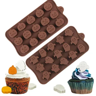 Immagine prodotto di Stampo in silicone per cioccolato, 2 pezzi, con 30 cavità a forma di zucca e fantasma, color kaki, ideale per dolci e biscotti