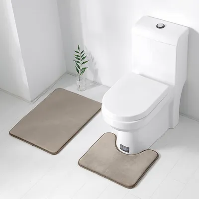 Image de lot de 2 tapis de bain 50 × 70 cm mousse à mémoire de forme flanelle antidérapante + 40 × 50 cm tapis de toilette en forme de U - Marron clair