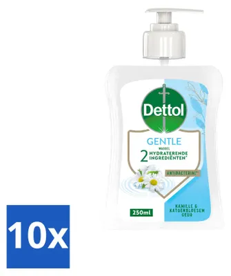 Imagen del producto de 10 unidades de jabón líquido para manos Dettol, fórmula suave, con extracto de manzanilla y algodón, 250 ml. Paquete económico