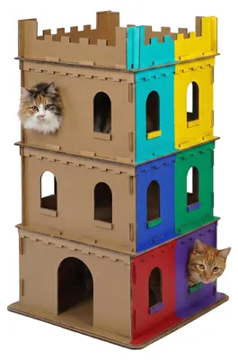Zdjęcie produktu dla Relaxdays Katzenburg, 3 piętra, zamek dla kotów, kartonowy domek do pomalowania, system łączący, wymiary: 107,5 x 62 x 62 cm, tektura, brązowy