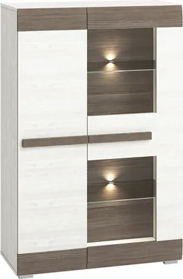 Produktbild von Vitrine Knoxville 05, Farbe: Kiefer Weiß / Grau - Abmessungen: 140 x 92 x 42 cm (H x B x T), mit 2 Türen und 8 Fächern