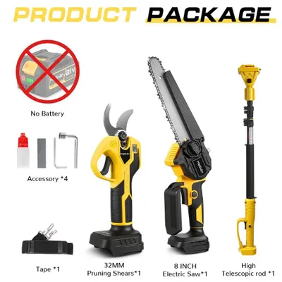 Produktbild von 4-in-1 Kettensäge und Astschere Set - 18V akkubetriebenes Gartengerät - 20 cm Kettensäge - 32 mm Schneidleistung - Teleskopstange 185 cm - Ohne Akku
