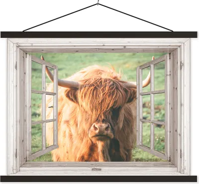 Produktbild von MuchoWow® Textilposter Schottisches Hochlandrind - Kuh - Ansicht 60x45 cm mit schwarzem Rahmen - Poster Schlafzimmer