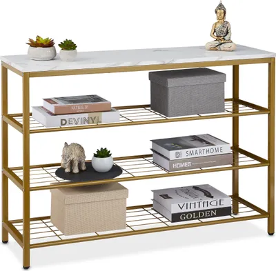 Obrázok produktu pre Konzole Relaxdays, vzhľad mramoru, VxŠxH: 70 x 101 x 30 cm, kov a MDF, úzka konzola do predsiene, 4 police, zlatá/biela
