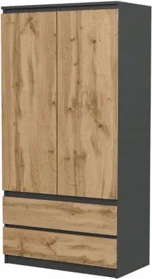 Produktbild von VBChome Kleiderschrank 90x50x180 cm 2 Türen 2 Schubladen 4 Einlegeböden Kleiderstange Anthrazit Eiche Wotan