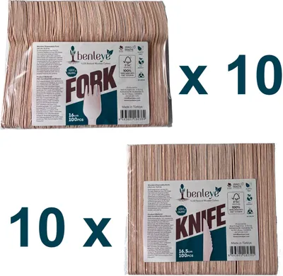 Produktbild von 1000 Einweggabeln + 1000 Einweg-Messer aus FSC Holz Einwegbesteck Gastro Imbiss