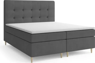 Produktbild von Boxspringbett OSLO, Holzfüße in natürlicher Farbe Topper Federkern (160 x 200 cm, Dunkelgrau - SWING 19)