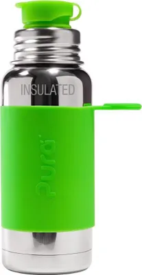 Produktbild von Pura Sport Edelstahl isolierte Sportflasche mit Silikon Sleeve und Big Mouth Sport Trinkverschluss 475 ml, plastikfrei Gruen